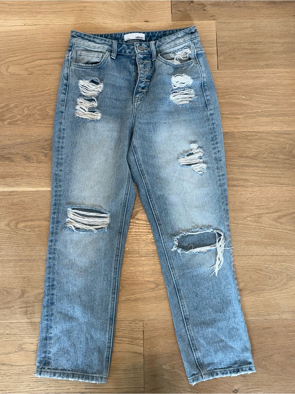 Women's Light Blue Distressed High-Rise Button Jeans Straight Leg - Picture 2 of 7
